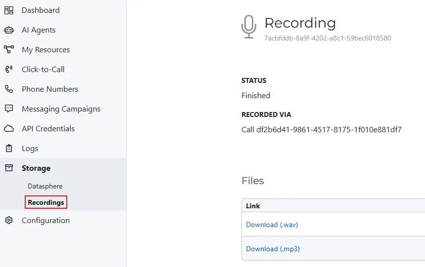 Call Recording Example SWML